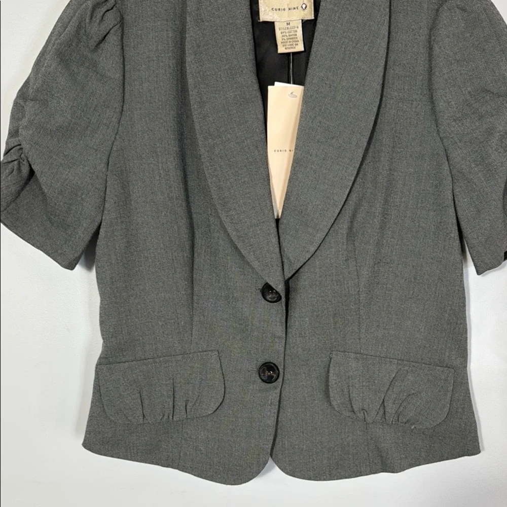Curio Nine Blazer Grey Crop Ruched Puff‎ Sleeve in Size M  NWT